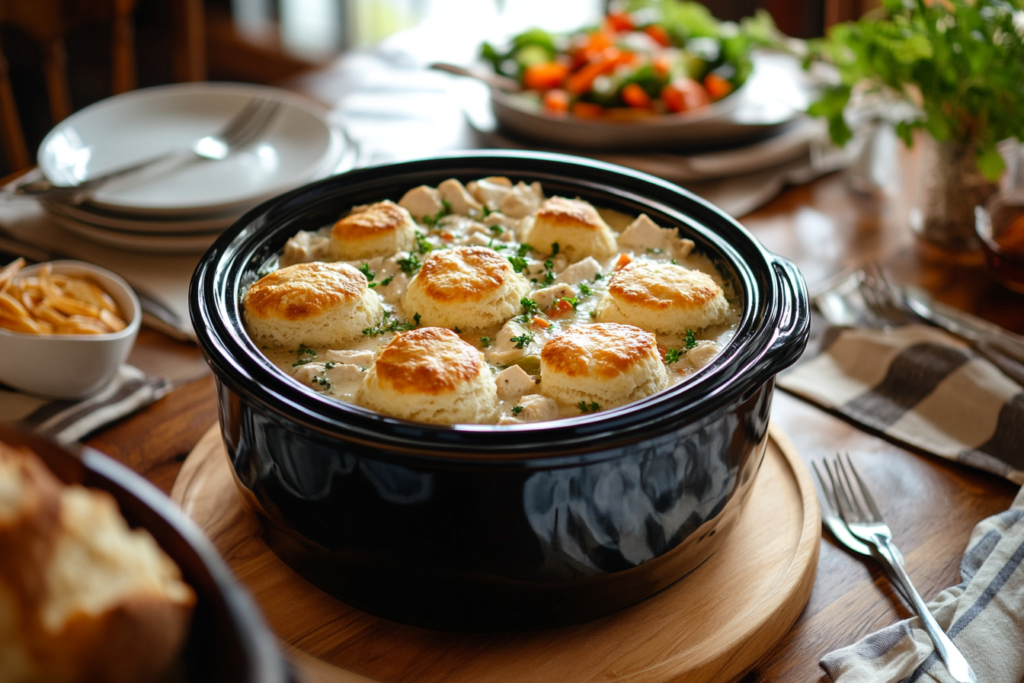 A crockpot filled with creamy chicken pot pie, topped with golden, flaky biscuits, surrounded by fresh vegetables and herbs on a rustic wooden table.